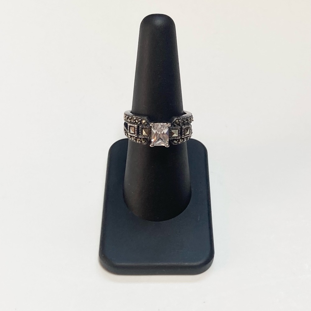 Vintage Marcasite Sterling Silver Crystal Ring